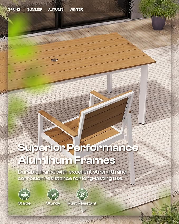 HDPS Outdoor Patio Dining Chairs Set of 2, 350LBS Capacity Aluminum Patio Dining Chairs with Armrests, Weather-Resistant for Lawn, Garden, Yard, Poolside and Indoor Use, White & Teak