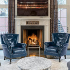 MOJAY PU Leather Accent Chair, Mid-Century Modern Armchair Living Room Club Chair with Tufted Button & Rivet Trim, Upholstered Sofa Chair with Sturdy Wood Legs for Bedroom (Navy)