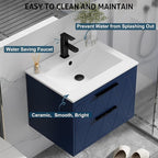 eclife 24" Bathroom Vanities Cabinet with Sink Combo, Wall Mounted Floating Cabinet W/Decor Line, Soft-Close System, 2 Extra Big Drawers, Matte Black Faucet, Navy Blue