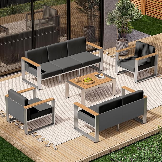 Outdoor Patio Furniture Set, 7 Seats Outdoor Patio Conversation Sets with Ergonomic Seat and Wide Washable Thick Cushions, Modern Patio Sectional Furniture for Balcony, Porch (Teak-Charocal)