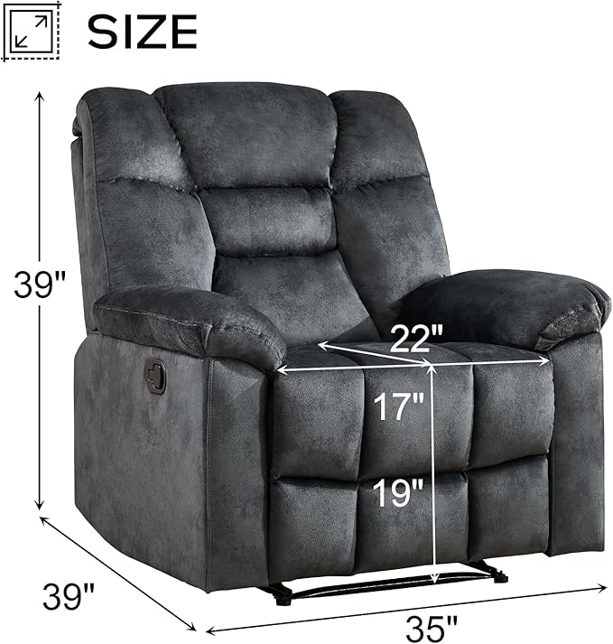 EBELLO Manual Recliner Chair for Adults with Soft Padded Headrest and Backrest, Overstuffed Single Recliner Sofa Chair for Living Room, Grey