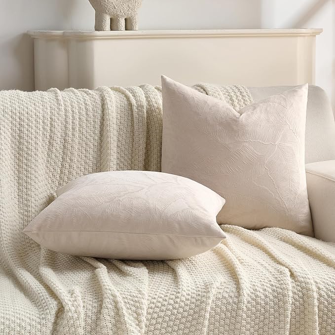 FUTEI Beige Velvet Throw Pillow Covers 12x20 Inch Set of 2,Soft Embossed Leaf-Relief Textured Lumbar Pillow Cases,Natural Home Decor for Couch Living Room