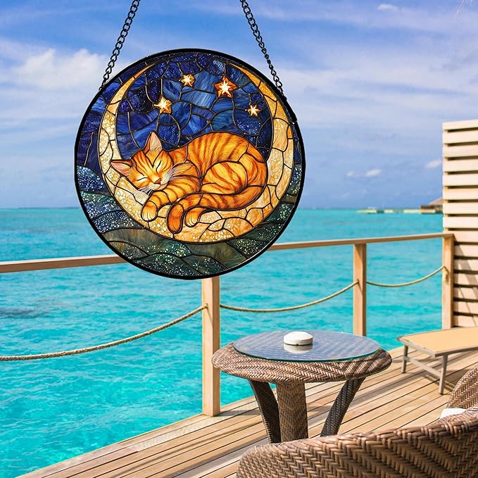 Stained Glass Window Hanging - Orange Moon Sleeping Cat Sun Catcher for Door Home Decor Blue Starry Sky Suncatcher Christmas Mother's Day Birthday Gifts for Women Men Mom Nana 7.8 in