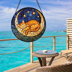 Stained Glass Window Hanging - Orange Moon Sleeping Cat Sun Catcher for Door Home Decor Blue Starry Sky Suncatcher Christmas Mother's Day Birthday Gifts for Women Men Mom Nana 7.8 in