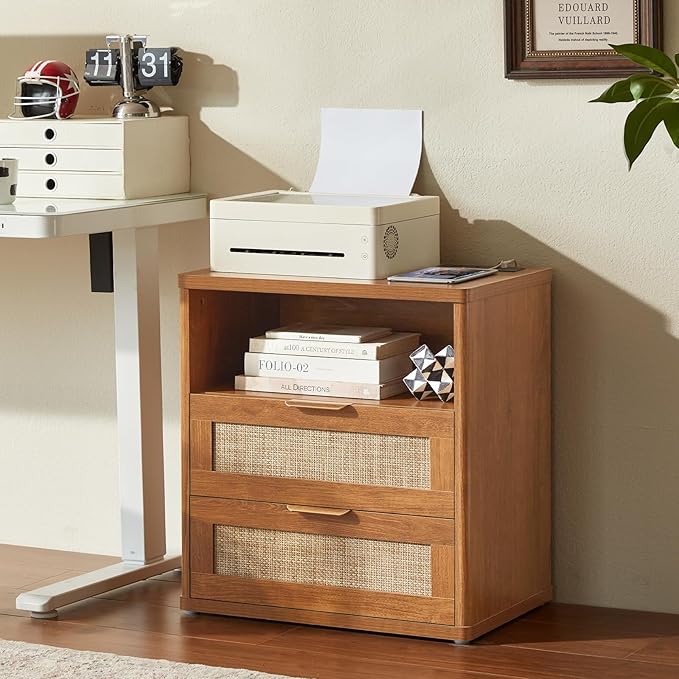 LEYAOYAO Rattan Night Stand with Charger Station, 23" Wide Boho Nightstand with 2 Drawers, Natural Wood Bedside Table Open Storage Cabinet, Bed Side End Tables Dresser for Bedroom, Living Room Hallway