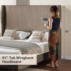 HOWE Queen Size 61" Corduroy Upholstered Bed Frame, Platform Bed with Vertical Stripe Wingback Headboard, No Box Spring Needed/Noise Free/Solid Wood Slats & Legs/Chestnut