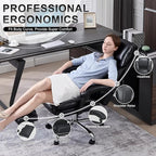 Big and Tall Office Chair, Executive Home Office Desk Chair, Leather Computer Chair with Retractable Footrest, Adjustable Headrest and Reclining Height, Padded Arms, 360°Swivel Free, Wide Seat, Black
