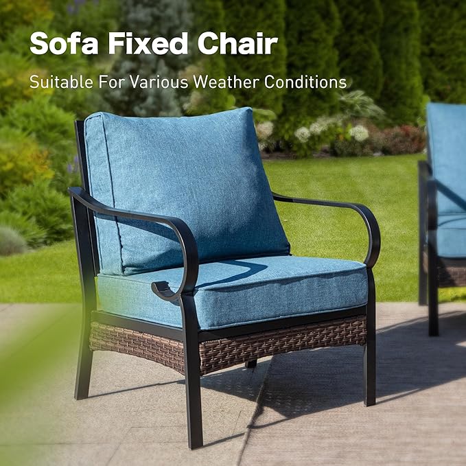 5 Piece Metal Outdoor Patio Furniture Set, Patio Conversation Sets with 3-Seater Sofa, Loveseat, 2 Fixed Sofa (5.75" Thick Cushion) & Coffee Table Black Backyard Furniture, Denim Blue