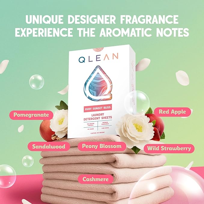 QLEAN Laundry Detergent Sheets (Travel Size 10 Loads) – Travel Laundry Detergent Sheets, Eco-Friendly Laundry Soap, HE & Standard Washer Safe, Stain Remover, Skin-Friendly - Ruby Sunset Bliss