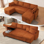 110" Corduroy Pull Out Sofa Bed w/Adjustable Backrests, Sectional U-Shape Sleeper Sofa w/Storage Chaise, Convertible Couch Bed w/USB Charging Port & Cup Holders for Living Room, House, Orange