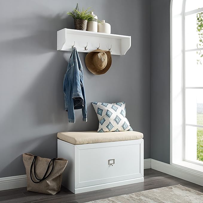 Crosley Furniture Harper 2-Piece Entryway Set with Shoe Rack Storage Bench and Wall Shelf with Coat Hooks, White