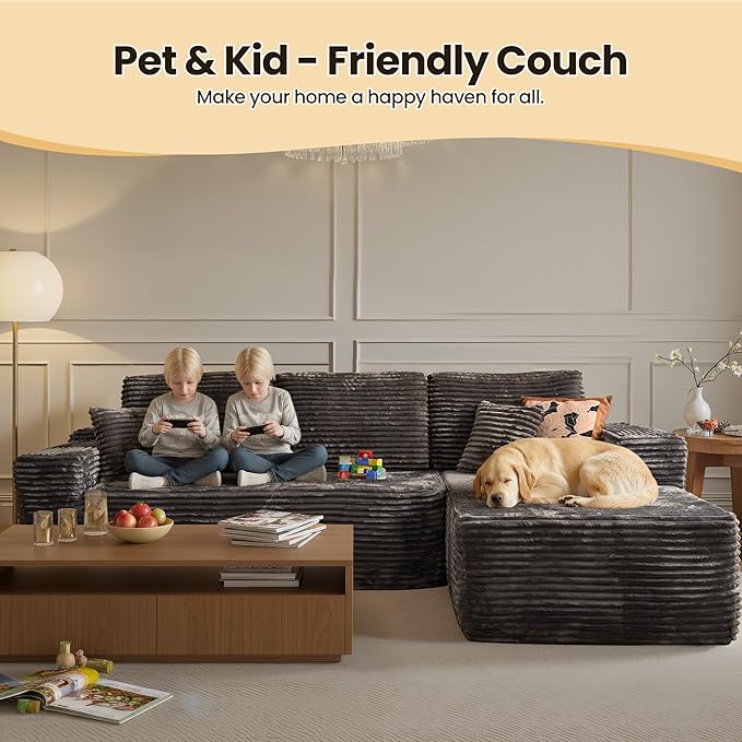 104" Cloud Sectional Couch with Chaise, Boneless L-Shaped Cloud Couch with Deep Seat, Soft Plush Modern Minimalist Sofa, Assembly Free Comfy Sofa for Office Living Room Apartment(Grey, Right Chaise)