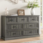 Farmhouse 7 Drawer Dresser for Bedroom, 55 Inch Wide Modern Grey Dresser TV Stand with Large Drawers & Bar Handles, Rustic Wood Chest of Drawers for Bedroom, Living Room