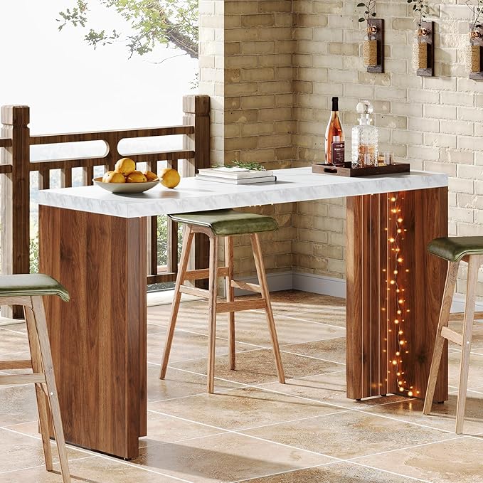 Tribesigns Home Bar Unit, 55.12-Inch Bar Table with a Faux Marble Finished Tabletop, Modern Freestanding Mini Bar for Home Kitchen, Living Room, Balcony, Basement, Walnut & White (Set of 2)