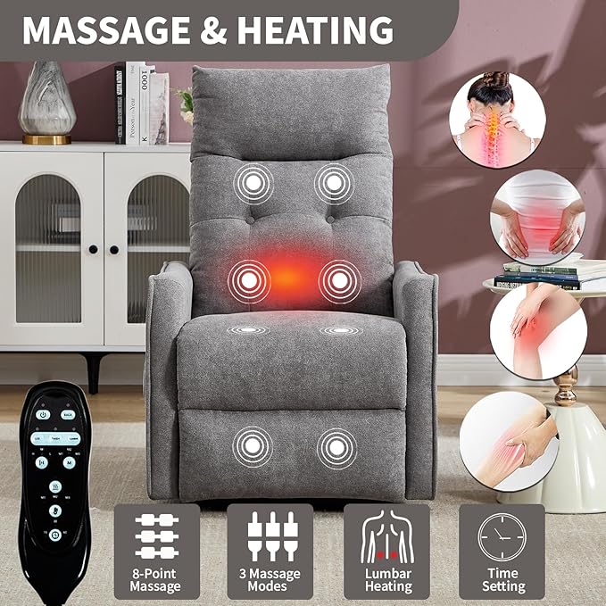 PELUMY Manual Lift Recliner Chair with Massage and Heat for Elderly, Single Motor Electric Lift Chair, Heavy Duty Recliner with USB Charging & Side Pockets (Chenille, Light Grey)