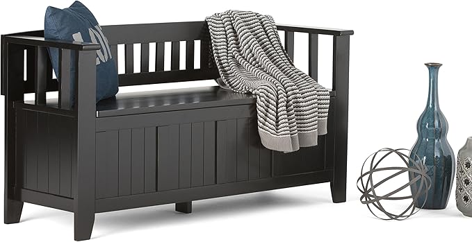 SIMPLIHOME Acadian Entryway Storage Bench - 48 inch Wide Solid Wood Hallway Seat in Black, Transitional Bench for Entryway or Living Room with Lift-Up Lid and Spacious Storage