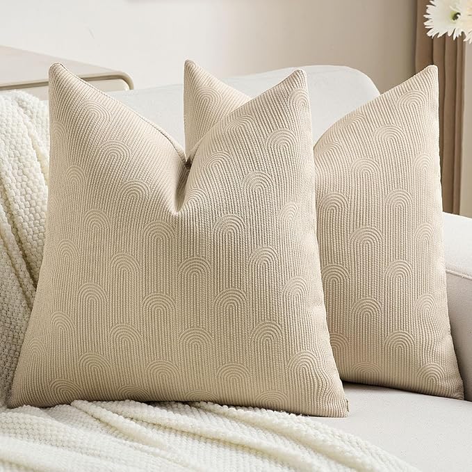 FUTEI Oatmeal Chenille Decorative Throw Pillow Covers 24x24 Inch Set of 2,Soft Cozy Striped Geometric Patterns European Cushion Case,Modern Home Decor for Couch Bed Living Room