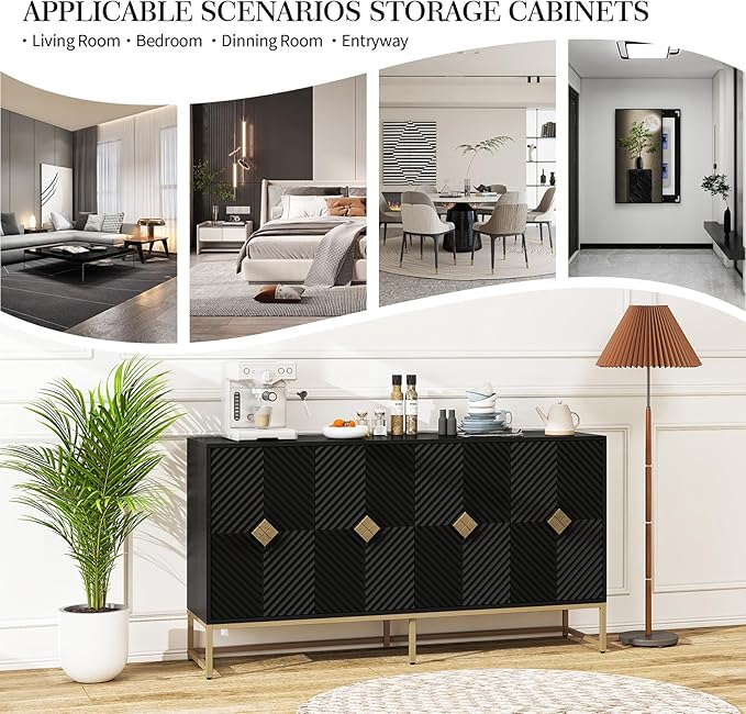 Sideboard Buffet Cabinet with Storage - Accent Storage Cabinet with Doors, Wood 4 Doors Cabinet with Metal Legs, 60" Buffets & Sideboards, Modern Credenza for Living Room (Black)