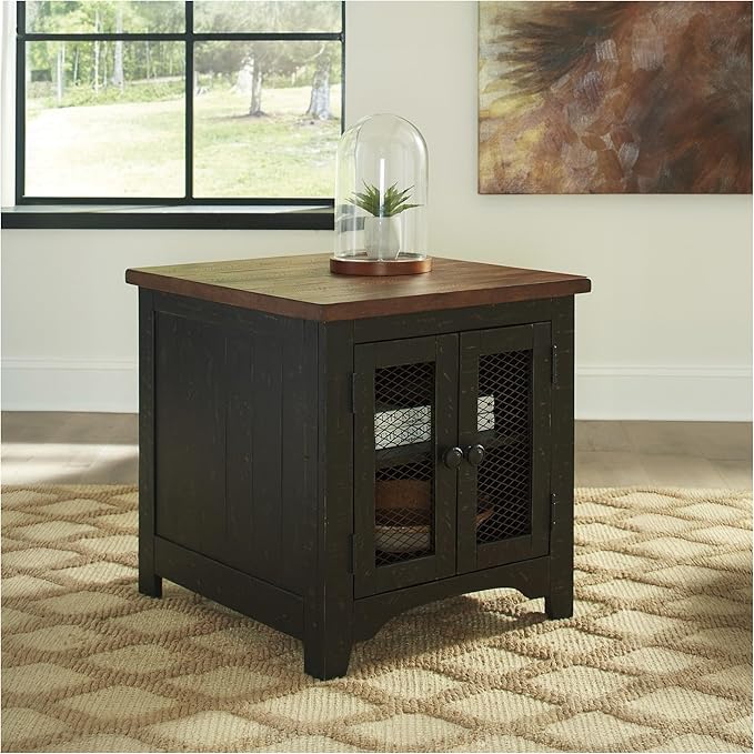 Signature Design by Ashley Valebeck Farmhouse Rectangular End Table with Storage, Distressed Brown & Black Finish