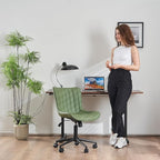 YOUNIKE Armless Home Office Desk Chair with Wheels Compact Comfy Vanity Chair with Adjustable Back Modern Small Leather Upholstered Rolling Swivel Cute Task Drafting Sewing Chair No Arms Olive Green