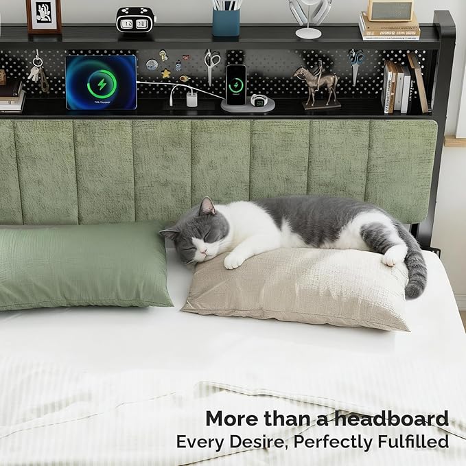 VINGLI Queen Size Headboard Only, Adjustable Upholstered Headboard with 2 Tier Shelves and Pegboard with Charging Stations and LED Lights, Modern Bed Headboard with Storage for Bedroom Decor