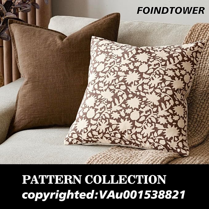 Foindtower Set of 2 Decorative Neutral Floral Throw Pillow Covers Accent Farmhouse Cushion Covers Boho Vintage Pillowcase for Couch Sofa Bedroom Living Room Home Decor,24×24 Inch,Brown