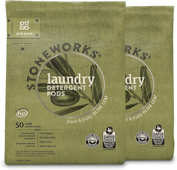 Grab Green Stoneworks Laundry Detergent Pods, 100 Count, Olive Leaf Scent, Plant And Mineral Based, Cleans Deeply, Eliminates Odors, Fights Stains, So
