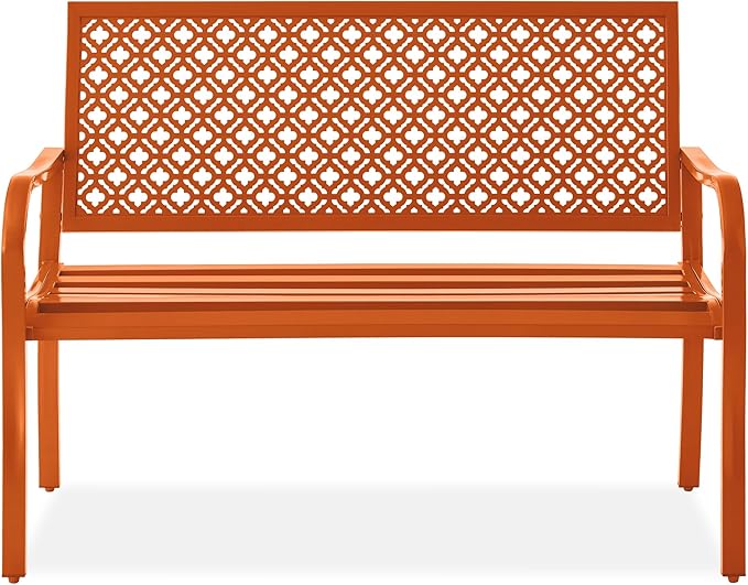 Best Choice Products Outdoor Bench 2-Person Metal Steel Benches Furniture for Garden, Patio, Porch, Entryway w/Geometric Backrest, 790lb Capacity - Carrot