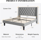 SHA CERLIN Queen Size Upholstered Platform Bed Frame with Wingback Headboard, Tufted Linen Fabric, Wooden Slats Support, Easy Assembly, No Box Spring Needed, Light Grey
