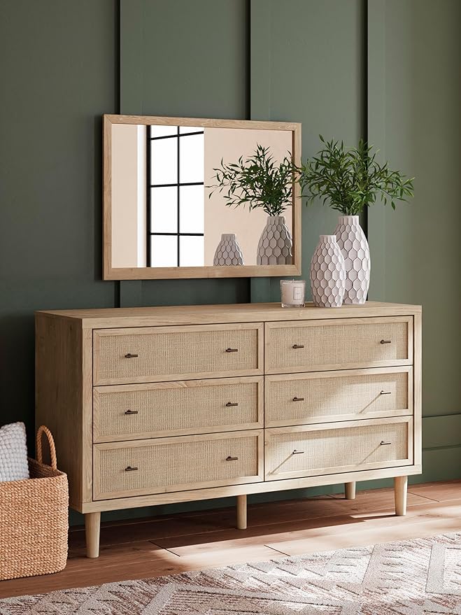 Signature Design by Ashley Cielden Coastal 6-Drawer Dresser, Bronze-Tone Knobs, Safety Stop, Textured Cane Details, 62.01" W x 19.65" D x 35.67" H, Light Brown