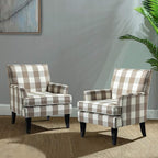 HULALA HOME Modern Accent Chairs Set of 2, Farmhouse High Back Buffalo Plaid Chairs with Wooden Legs & Nail Head Trim, Comfy Upholstered Armchairs for Living Room/Bedroom (Buffalo Beige)