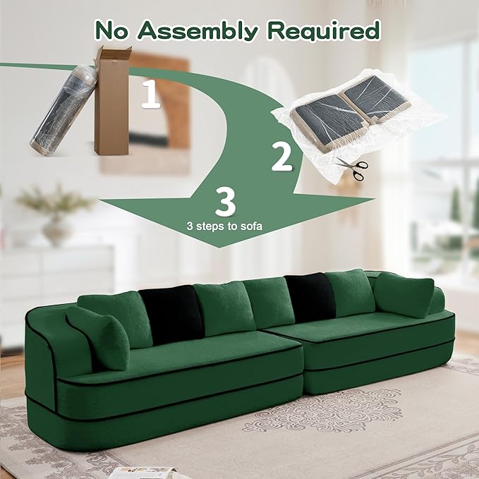 135" Modular Sectional Couch, 4-Seater with Throw Pillows Modern Teddy Fabric Foam Boneless Sofa for Living Room, Oversized with Deep Seat, No Assembly Required,Green