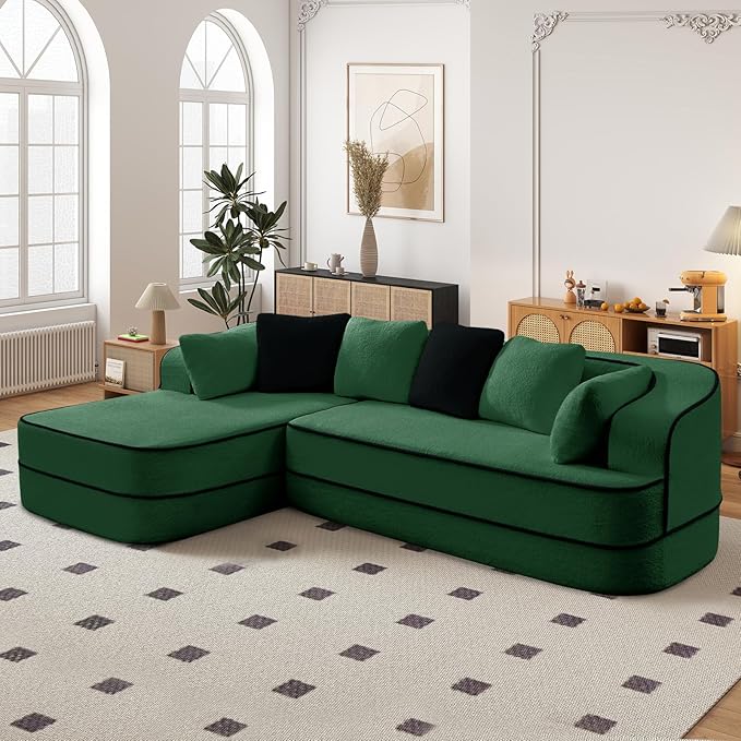 Cloud Sectional Sofa Modern Boneless Couch for Living Room, Comfy Deep Seat Comfy Teddy Fabric Double Sofa Chaise No Assembly Required (Green, 106" L Shape with Left Facing)