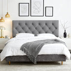 Tufted Upholstered Headboard Queen Size, Solid Wood Head Board with Durable Metal Legs, Linen Fabric Padded Headboard, Adjustable Height from 37” to 51”, Modern Button Design Head Board, Grey