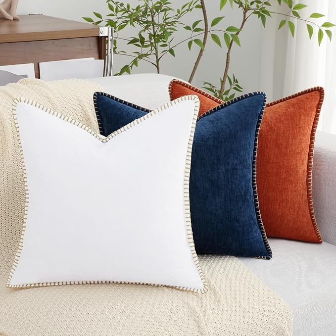 decorUhome Chenille Soft Throw Pillow Covers 12x20 Set of 2, Lumbar Velvet Farmhouse Neutral Decorative Euro Pillow Covers with Stitched Edge for Couch Sofa Bed Home Decor, White