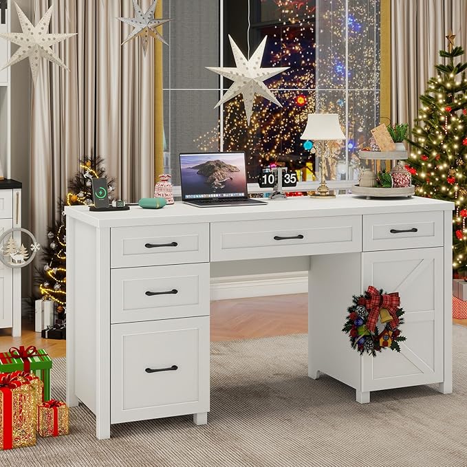 Vabches Farmhouse 61'' Executive Desk with 5 Drawers, Rustic Office Desk Computer Desk with Charging Station, File Drawers and Storage Cabinet, Wood Workstation for Study and Home Office,(Cream White