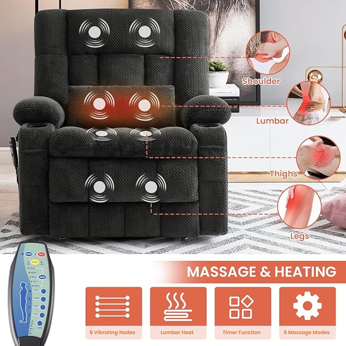 Power Lift Recliner Chair for Adults Oversized Infinite Position Lift Chair for Elderly W/Massage & Heat, Lay Flat Recliner Chair, One-Touch Reset, Cup Holders, Lumbar Pillow, Fabric (Premium, Grey)