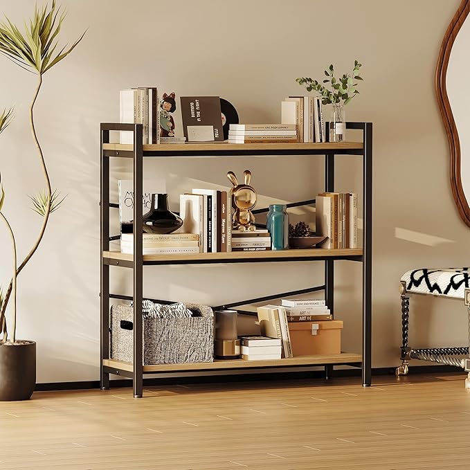 Book Shelf, 3 Tier Bookshelf 31.49" Width, Book Shelf Storage and Organization, Wooden and Metal Industrial Bookcase, Large Book Shelves for Home Living Room Bedroom Office Storage(Light Coffee)