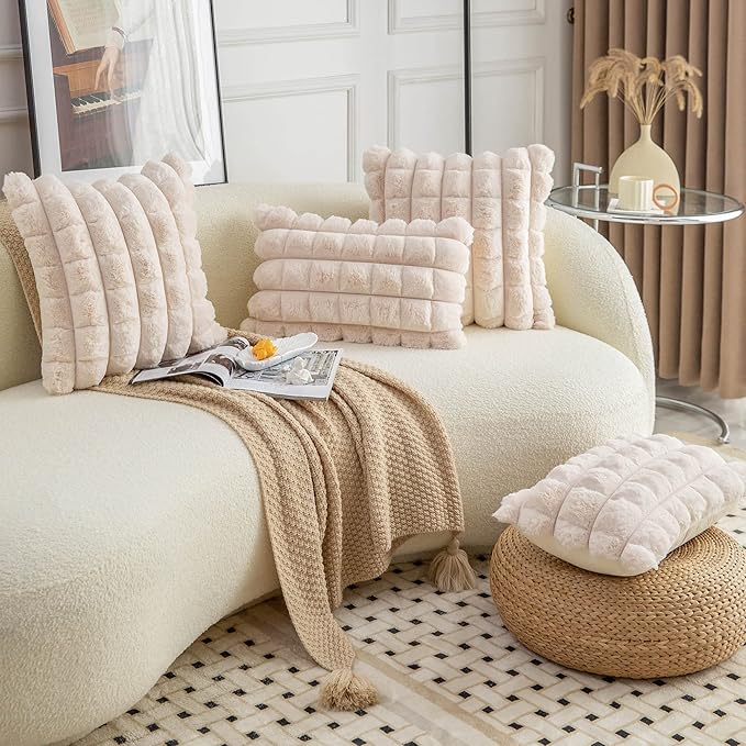 Neelvin Beige Faux Fur Cozy Soft Plaid Decorative Throw Pillow Covers 22x22 inch Set of 2,Velvet Pillowcase Cushion Case for Sofa Couch