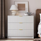3-Piece Dresser Bedroom Set, 6 Drawer Dresser & 3 Drawer Nightstands with Gold Handles, Fluted Wood Chest of Drawers for Bedroom, Living Room, Entryway, White