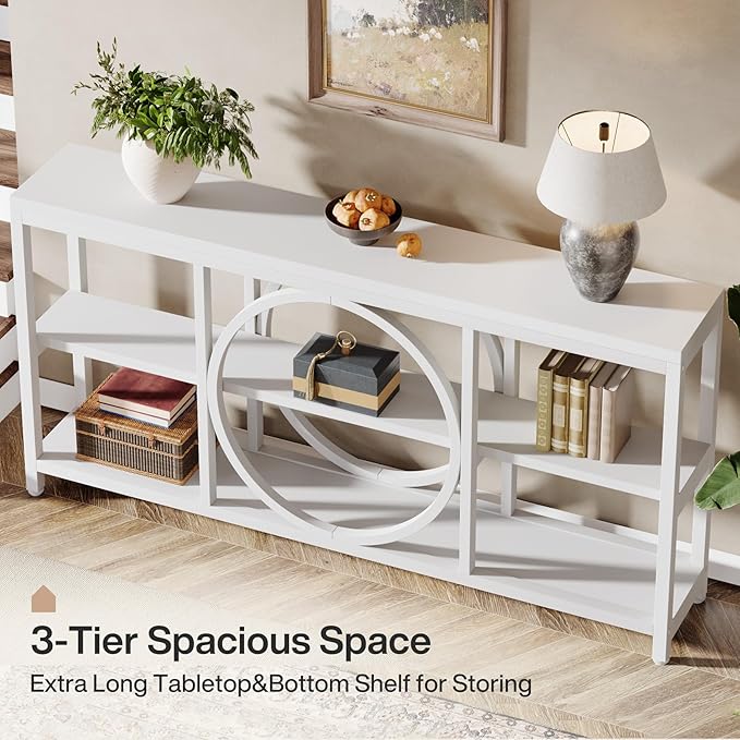 Tribesigns 70.9 Inch Extra Long Console Table for Entryway, Sofa Table Behind Couch with 3 Tier Wood Storage Shelves Industrial Metal Frame for Living Room Hallway Entryway, Pure White