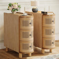 Tribesigns Solid Wood End Table, 3-Drawer Rattan Side Table, Night Stand with 3 Rattan Drawers and Exquisite Embossed Handles for Living Room, No Assembly Required (2, Oak)