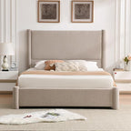 VELOCAVA Queen Size Upholstered Bed Frame with 51.77" Tall Headboard and Soft Rounded Corners, Side Storage Drawers, 12-Slat Support, No Box Spring Needed, Linen-Blend Fabric, Beige