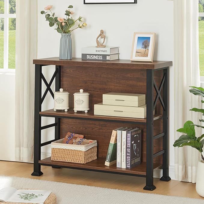 HOMBAZAAR Book Shelf,3 Tier Small Bookshelf with Metal Frame and Backboard,Rustic Brown Deep Bookcase with Engineered Wood Shelves,Short Shelf Bookcase for Living Room,Bedroom and Office
