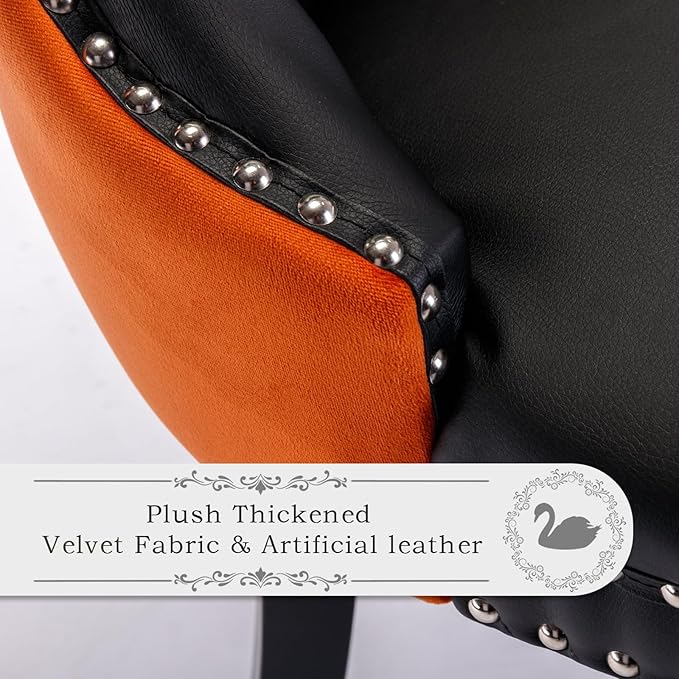 PU Upholstered Dining Chairs Set of 6, Modern Style Kitchen Side Chairs with Nailhead Trim and Wood Leg, Metal Pulling Ring for Dining Room Living Room(Black&Orange,Set of 6)
