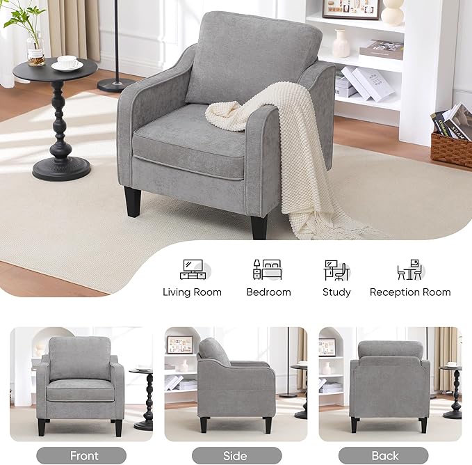 Accent Chairs Set of 2, Upholstered Living Room Chairs with Side Pockets, Mid Century Modern Reading Chair for Bedroom, Comfy Armchair Single Sofa Side Chair for Office, Small Room, Light Grey