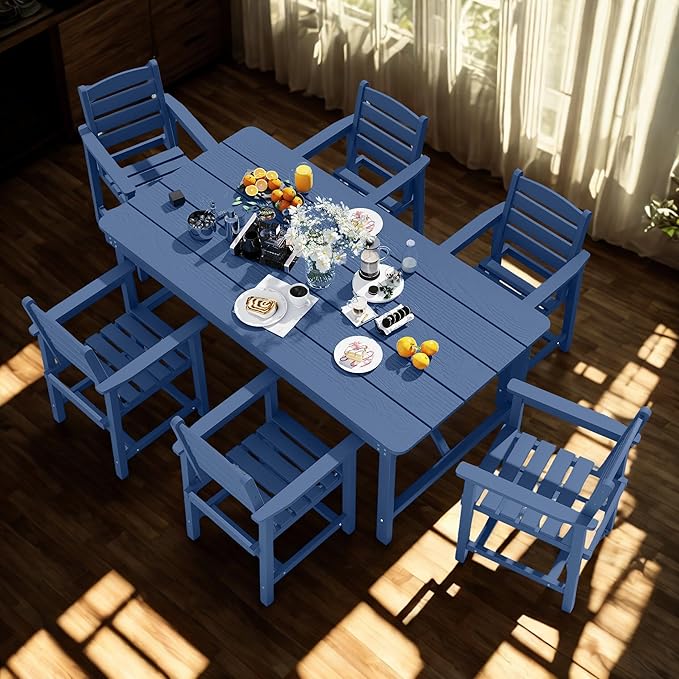7 Piece Patio Dining Set with 11ft Patio Umbrella (Beige), 7 Navy Outdoor HDPE Dining Set with 6 Chairs + 1 Large Table with 2" Umbrella Hole, for Market, Pool, Garden, Backyard, Deck