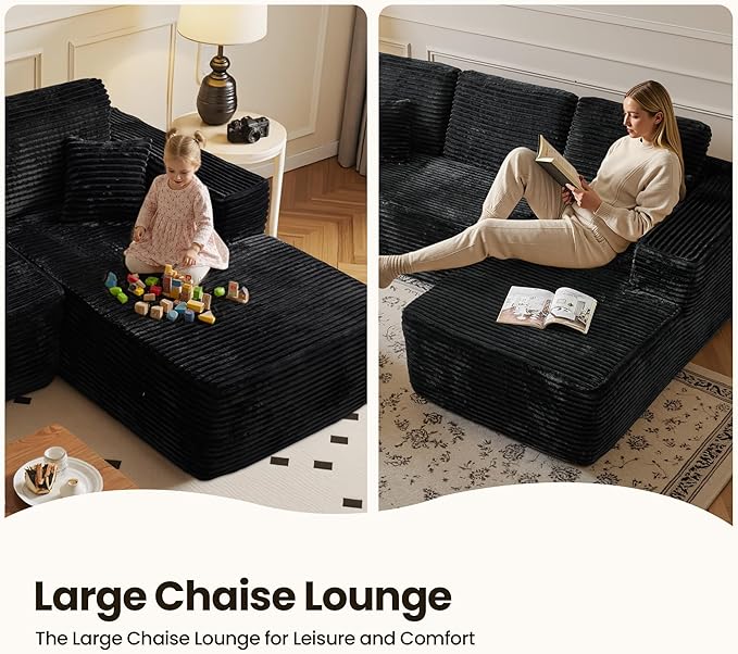 104" Cloud Sectional Couch with Chaise, Boneless L-Shaped Cloud Couch with Deep Seat, Soft Plush Modern Minimalist Sofa, Assembly Free Comfy Sofa for Office Living Room Apartment(Black, Right Chaise)