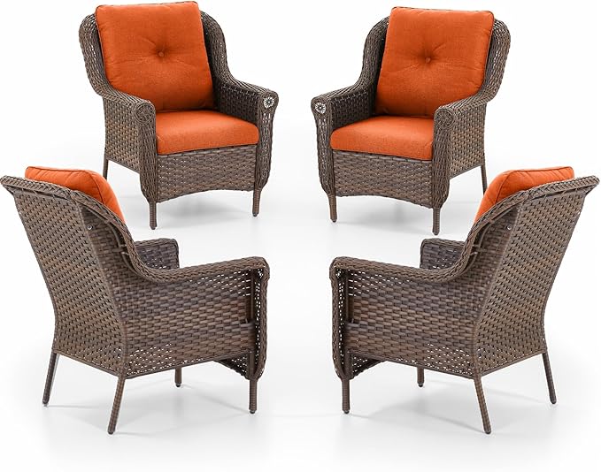 Patio Wicker Chairs Outdoor Furniture Chair - Set of 4 Outside All Weather Lawn Dining Brown Rattan Armchair with High Back&Deep Seating for Deck Porch Balcony Backyard Garden - Orange