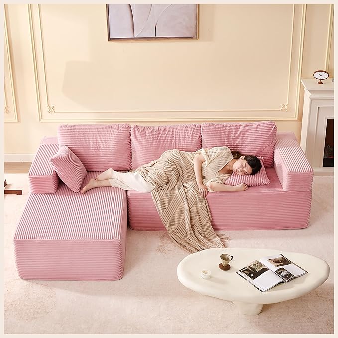 107" Boneless Couch with Deep Seat, Modular Sectional Sofa, Cloud Sectional Couch for Living Room, No Assembly Required, Corduroy, L-Shape Left，Pink
